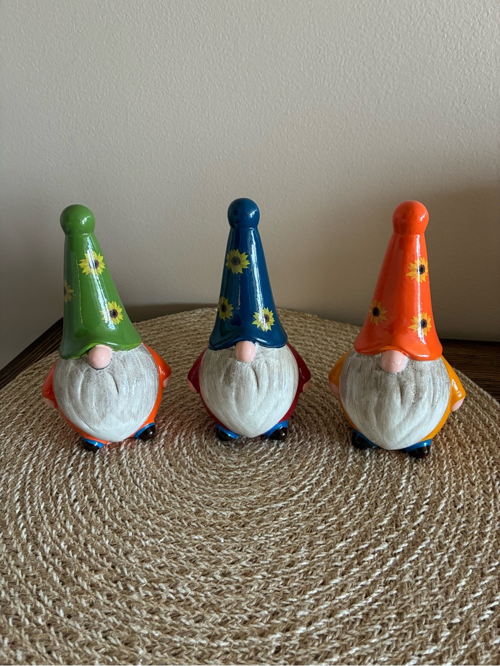 Decorative Ceramic Sunflower Gnome Trio – Green, Blue & Orange